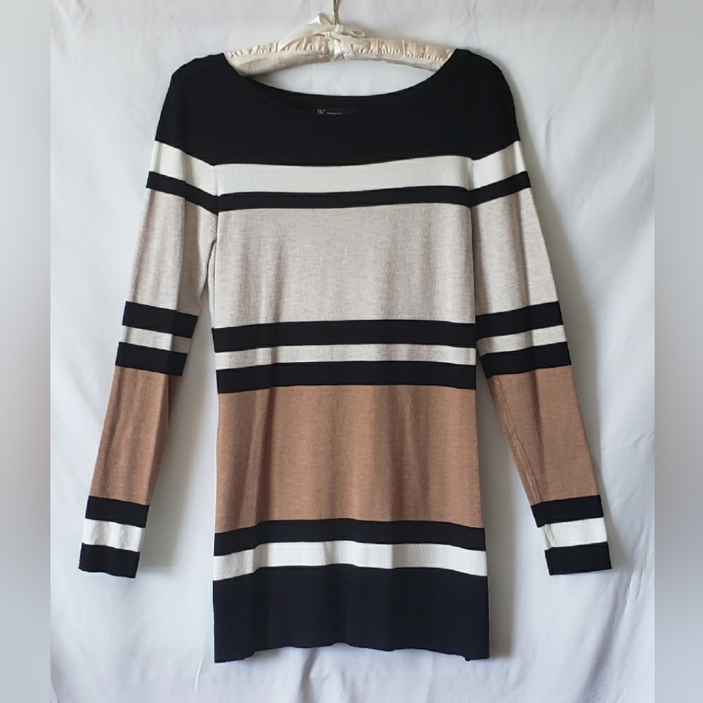 INC International Concepts Black and White Striped Long Sleeve Crew Neck Tunic